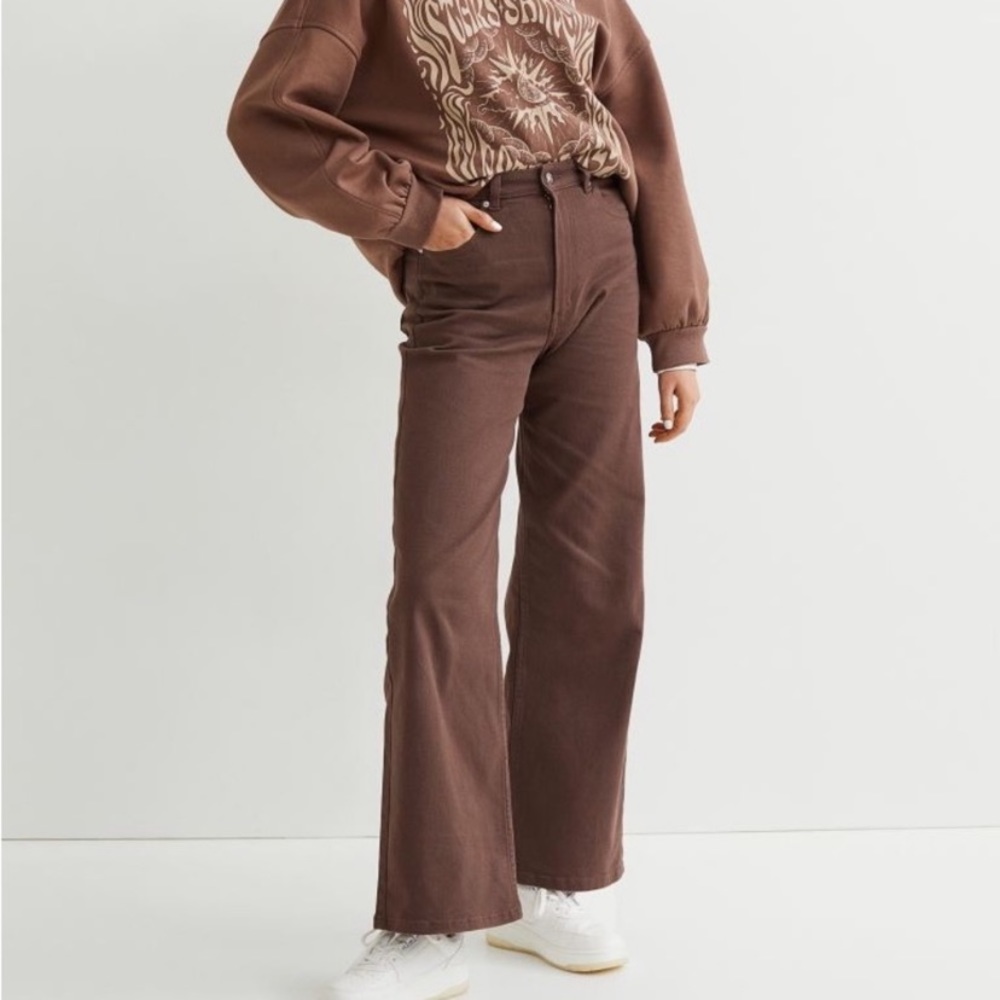 H&M Brown Wide-Leg Twill Pants
